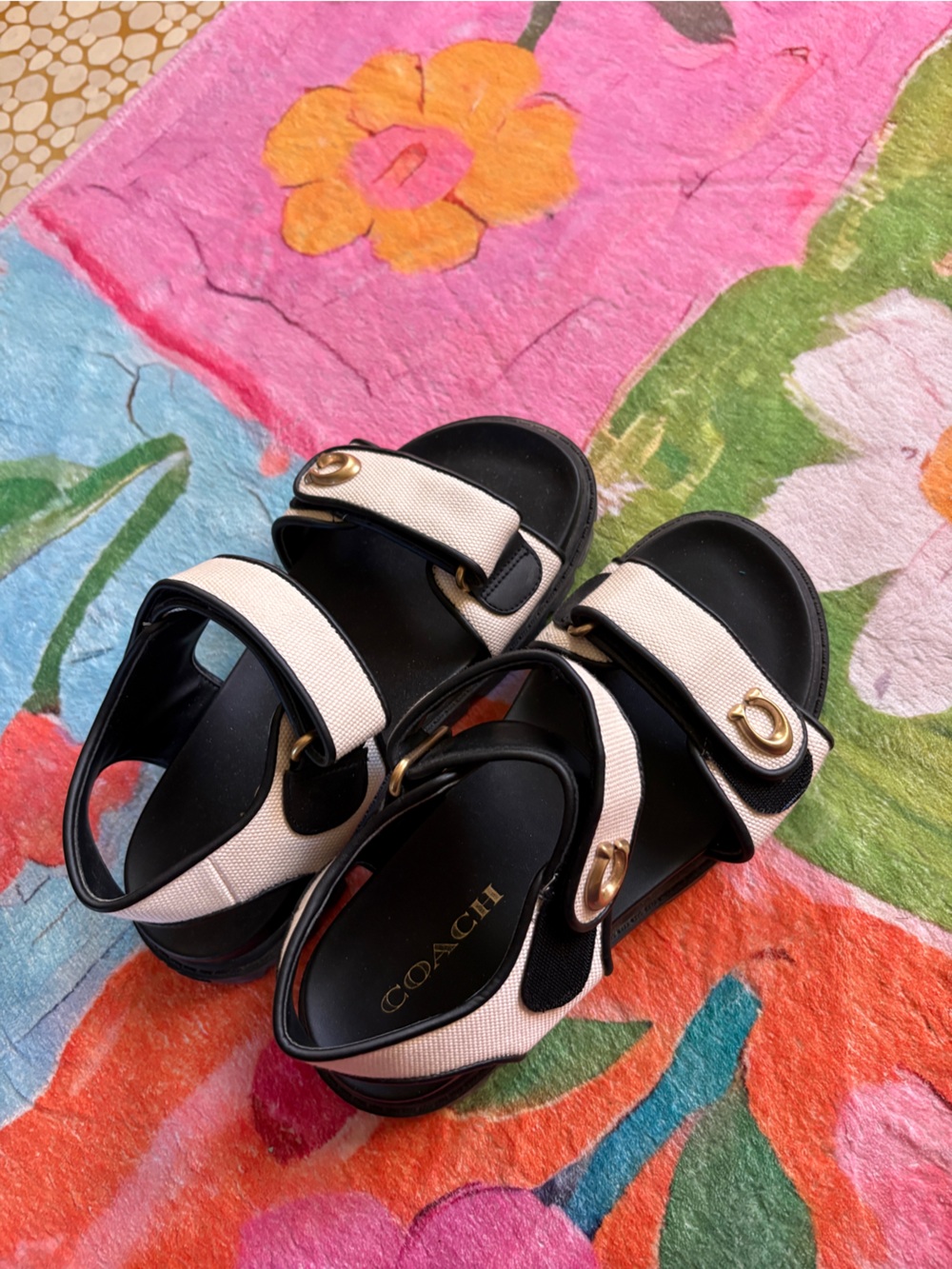 Coach Black and Cream Platform Velcro Sandals with Gold Hardware